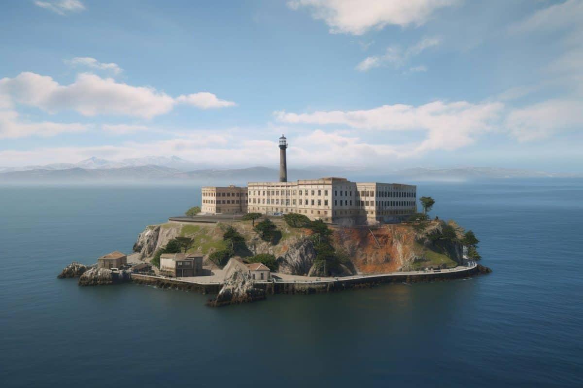 Beautiful shot of Alcatraz Island in the distance on San Francisco Bay